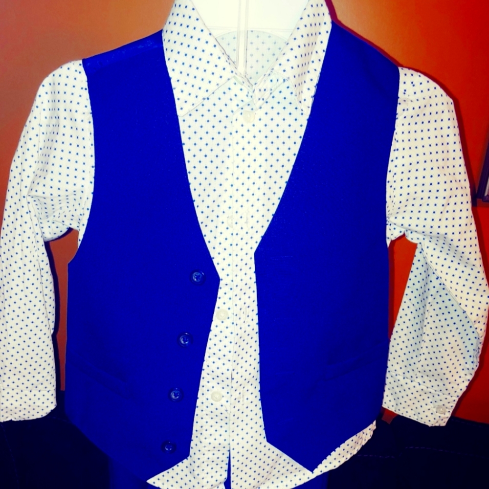 Boys suit pants shirt and vest blue and white.